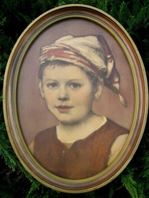 Pair Oval Frames, Peasant Boy and Girl Portraits,