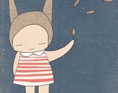 Children Illustration- Bunny Rabbit Girl Stripes - Blue and Coral - Art Print