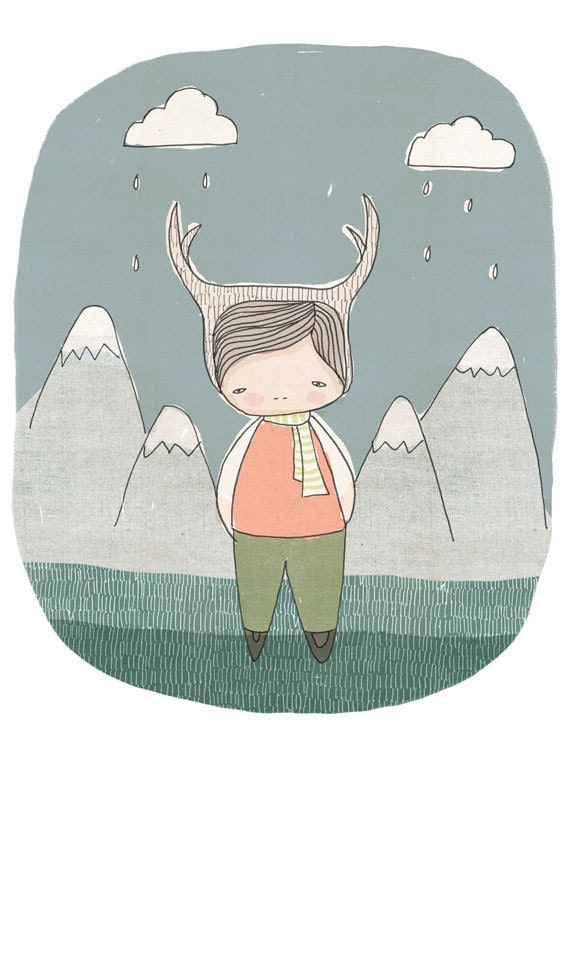 Children Art Print - Deer boy in Swiss Mountains (Scandinavian)