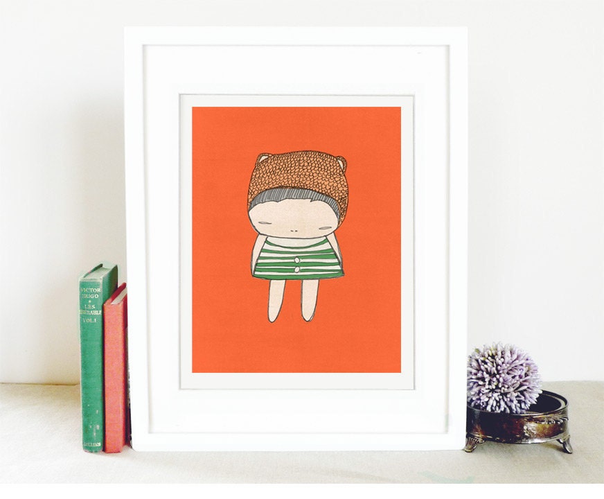 Cute Children's Illustration - Creature Girl Orange with Green Stripes