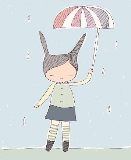 Child Art - Bunny Rabbit - Honey Cup's World - Raindrops with Umbrella  Illustration
