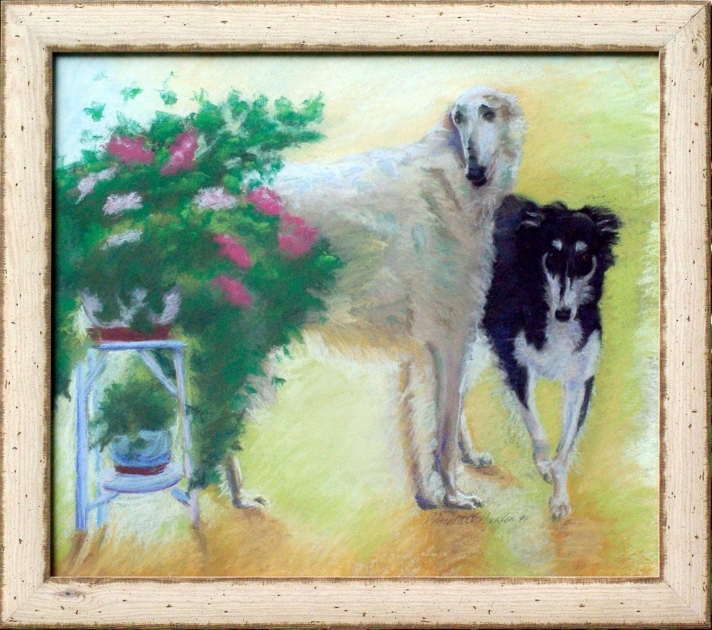 Borzois, Framed Original Pastel Painting