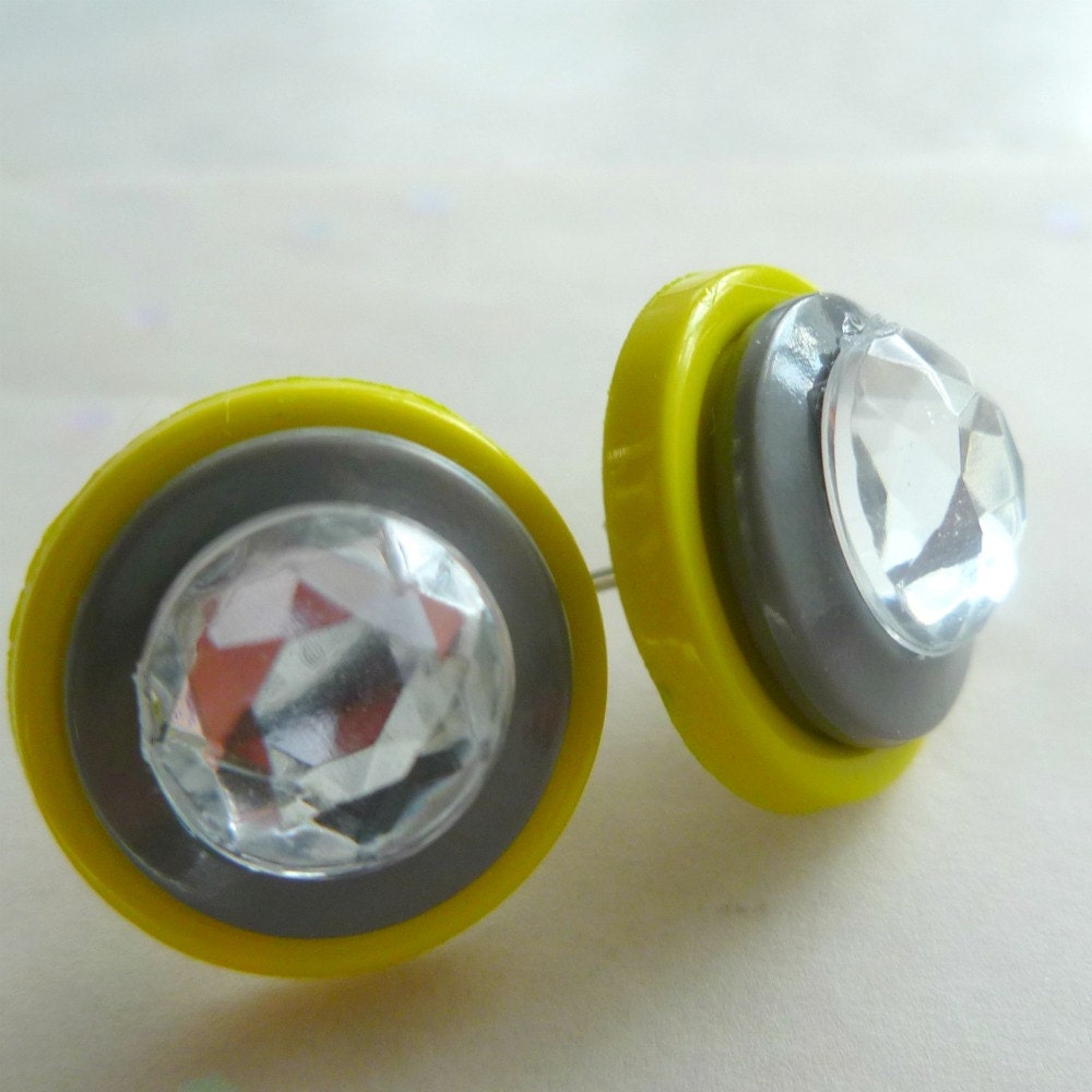 Retro Neon Green & Gray Button Earrings
