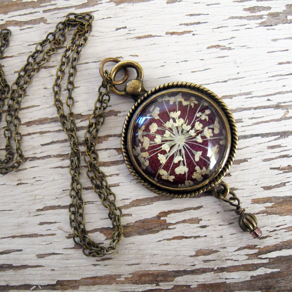 Romantic Plum Queen Annes Lace Vintage Inspired Necklace - Pressed Flower Jewelry