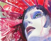 Print of Watercolour Painting, Fashion Illustration. Titled: Red Feathers.