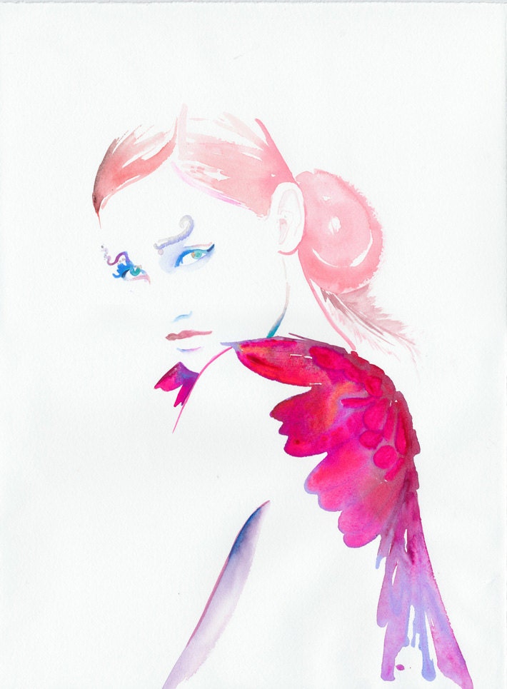 Print of Watercolour Painting, Fashion Illustration with pink wings, titled: Petit Diable