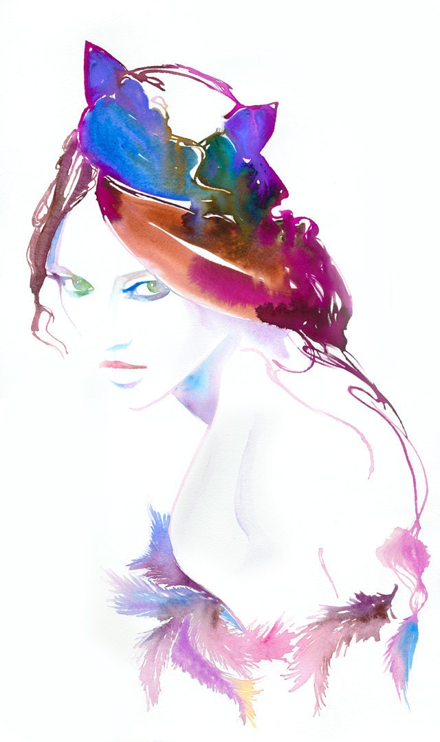 Original Watercolour Painting, Fashion Watercolor Illustration. Titled: Cat Woman Maison Michel deux.