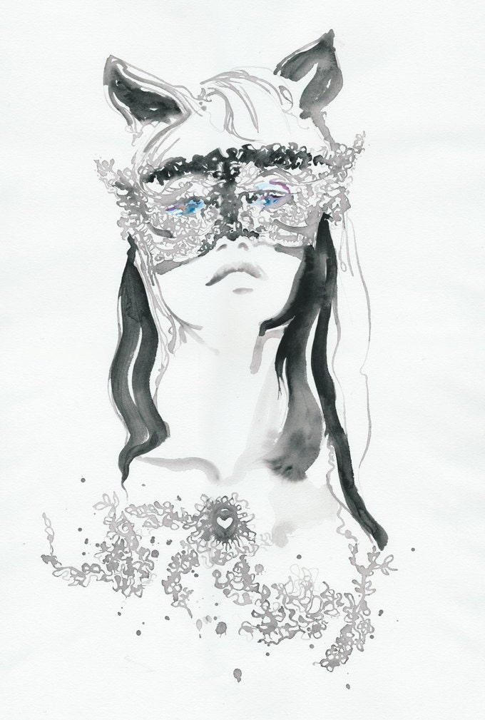 Original Watercolour Fashion Illustration, Black and white fashion illustration - Cat
