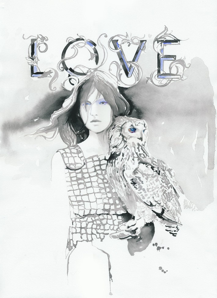 Original Watercolour Painting, Fashion Illustration - Love Owl