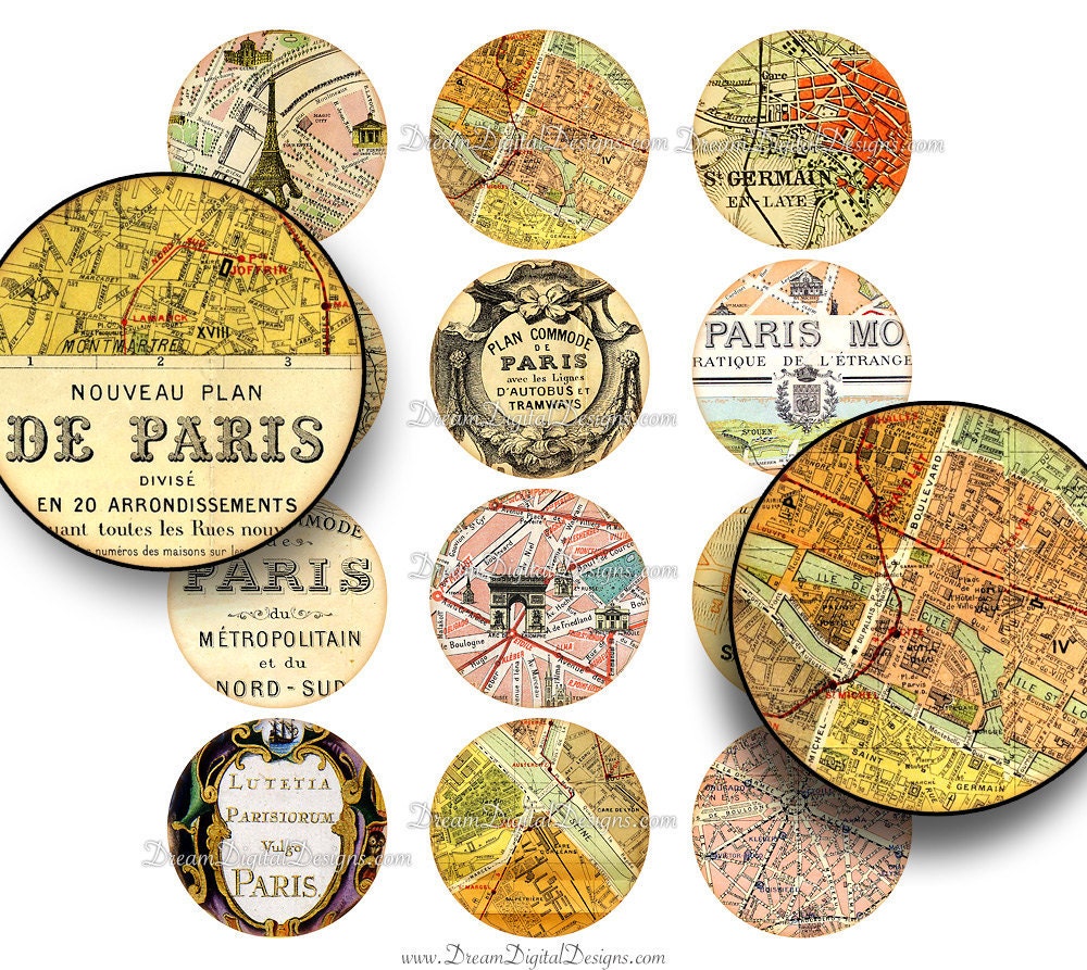 Paris Map 2 inch Circles Digital Collage Sheet Download French Printable Images  INSTANT DOWNLOAD No. 303