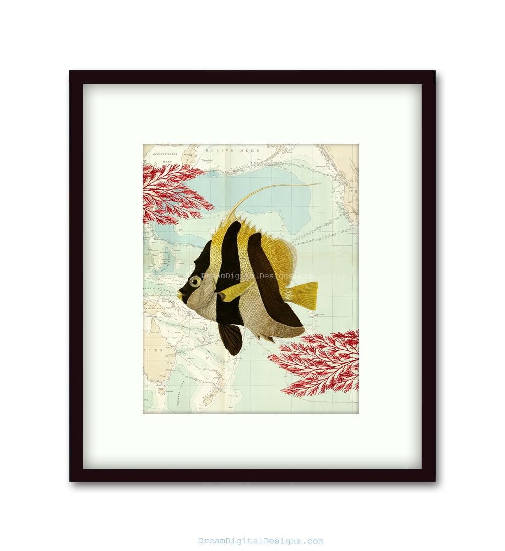 Sea Creatures Art Print 8x10 Sea Life Nautical Vintage Map Coastal Wall Art No.P207