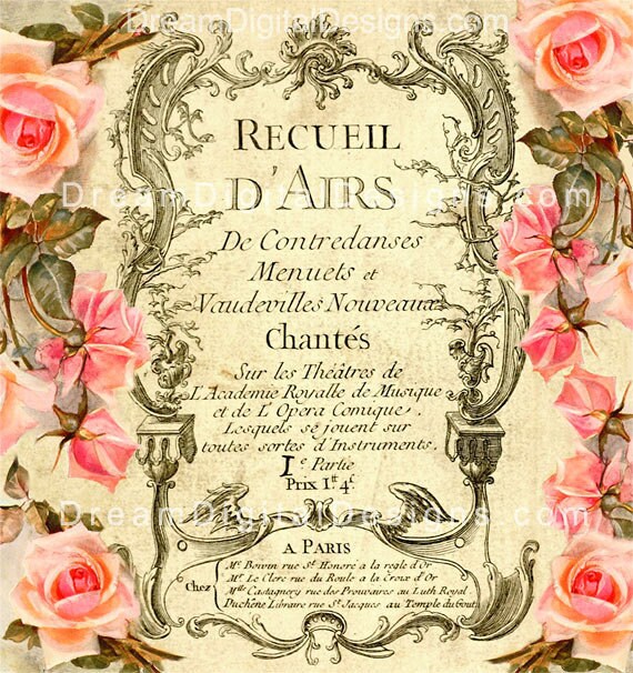 French Ephemera Printable Image with Vintage Roses - Digital INSTANT DOWNLOAD No.325