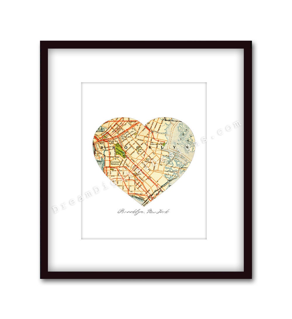Brooklyn New York Heart Map Art Wall Decor Print 8 x 10 Vintage City Map (No. P225)