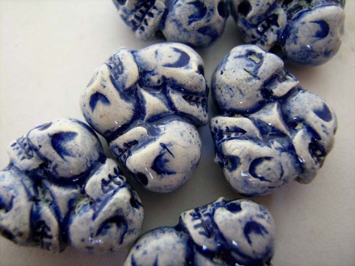 4 Tiny Blue Skull Wheel Beads