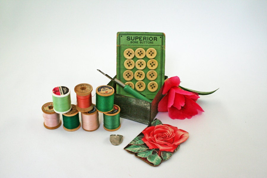 Vintage Sewing Supplies - Sewing Notions in a Tea Tin - Pink and Green Seamstress Gift