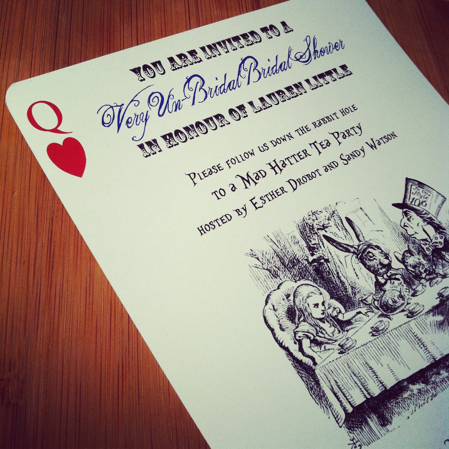 Alice in Wonderland Mad Hatter Tea Party Bridal Shower or Bachelorette Invitation