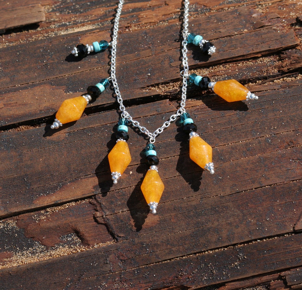 Bohemian Statement Necklace, Bib Necklace, Tangerine Yellow Jade, Turquoise, Beaded, Handmade, Spring, Summer, Bright