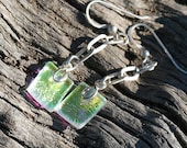 Dichroic Glass Earrings, Yellow Green Glass, Sterling Silver, Spring, Summer