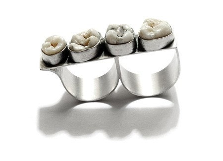 Sterling Silver and Four Human Teeth Knuckle Ring
