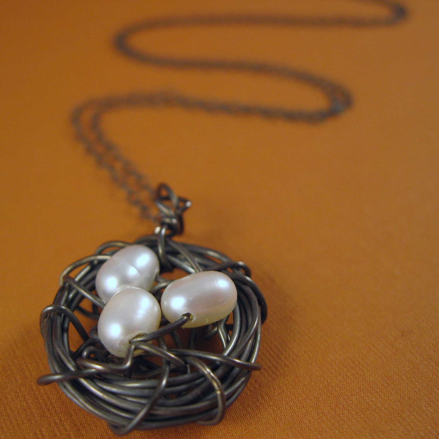 Freshwater Pearl Oxidized Sterling Silver Wire Wrapped Bird's Nest Necklace -- Mother Nature's Son --