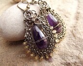 Sale Wire Wrapped Dangle Earrings In Sterling Silver With Amethyst Drops And Citrine Quartz.