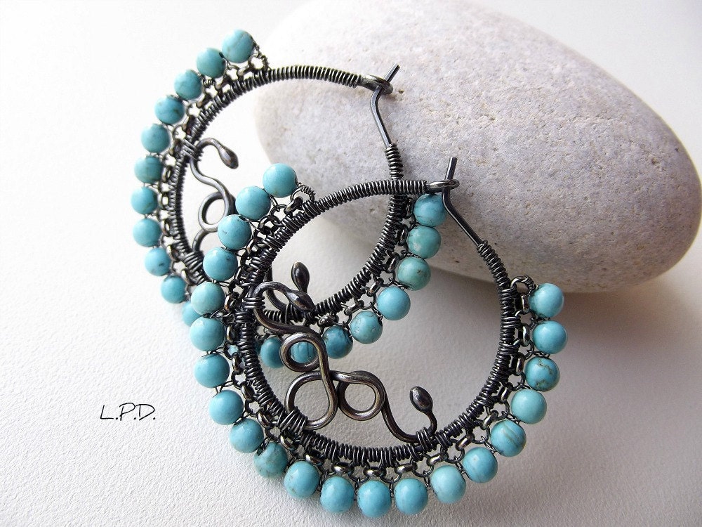Sterling Silver Hoop earrings With Turquoise Beads. - LovePotionDesign