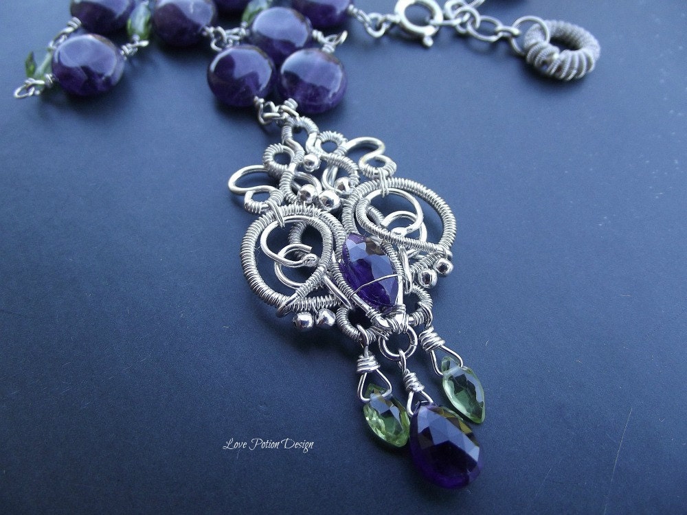 Sterling Silver Wire Wrapped Necklace With Amethyst And Peridot. - LovePotionDesign