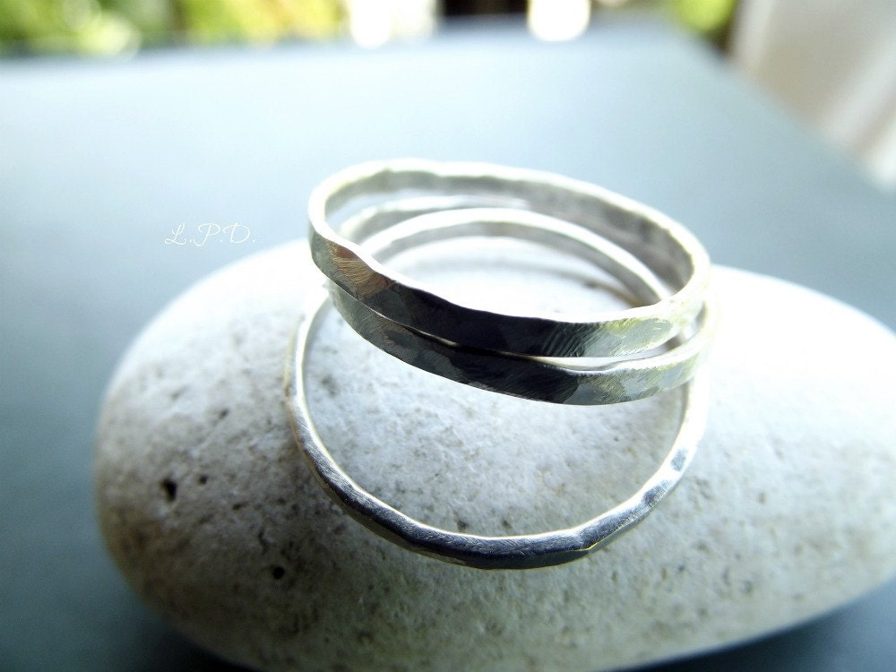 Petite Organic Sterling Silver Band Rings. Set of Three. Size 8.5.
