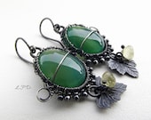 Sterling Silver Dangle Earrings With Green Agate Stone and Peridot Briolettes- Wire Wrapped.