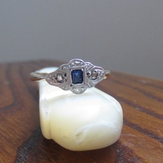 Art Deco Sapphire  and Diamond Ring. Platinum and Yellow Gold. Addy on Etsy