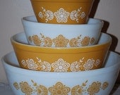 Vintage Four Piece Set of Butterfly Gold Stacking Pyrex Ovenware, Mint
