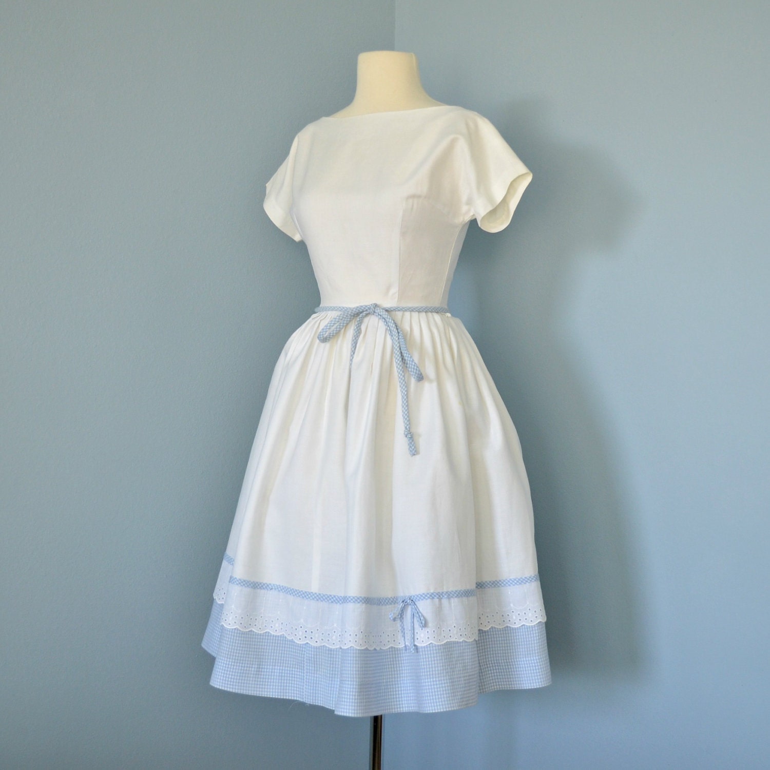 RESERVED FOR MICHELLE Vintage Cotton Dress...1960's Short White Embossed Cotton Lois Ann Jrs. Dress Blue Gingham and Eyelet Lace