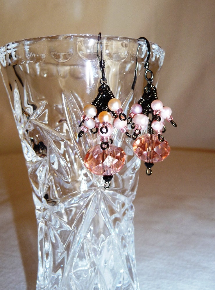 Oh So Wonderful Pink Faceted Crystal Tiny Pink Pearls and Black Contrast Wire and Hook Earrings