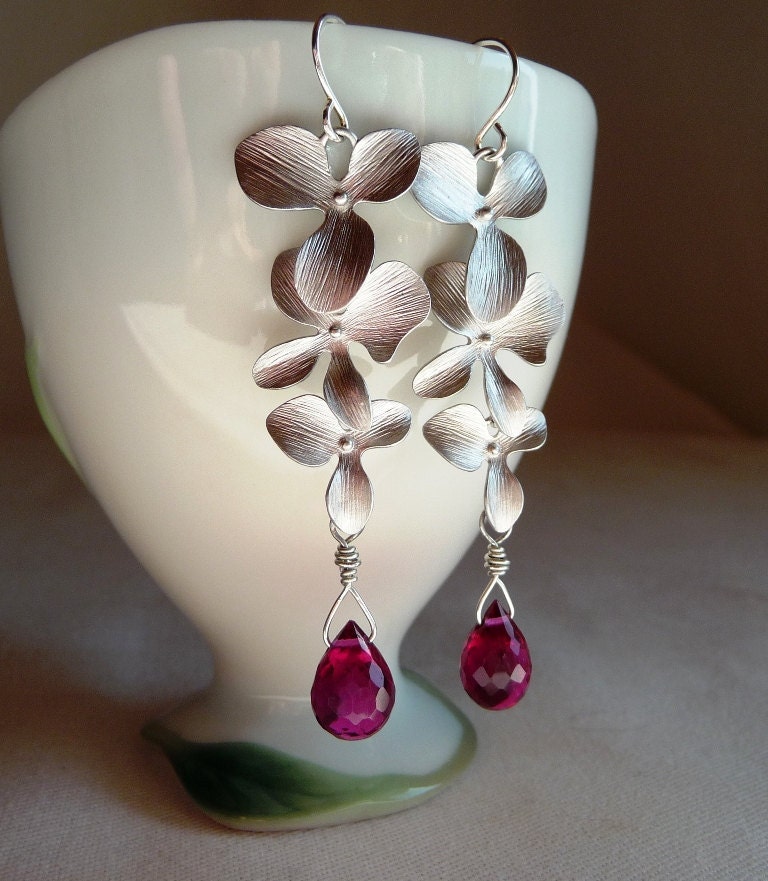 Best of Etsy Beautiful Silver Matte Orchid Blossoms with a Delicate Pink Teardrop Faceted Sapphire Earrings - Made To Order Bridal