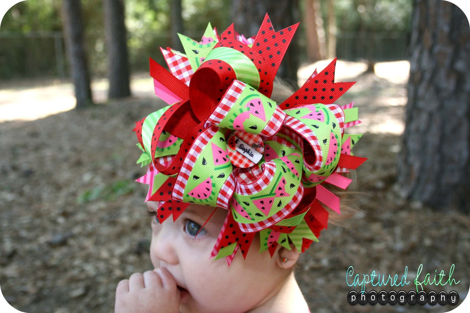 Watermelon Picnic Over-the-top Hair Bow with customizable NAME center
