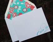 personalized notecards - red and turquoise calligraphy