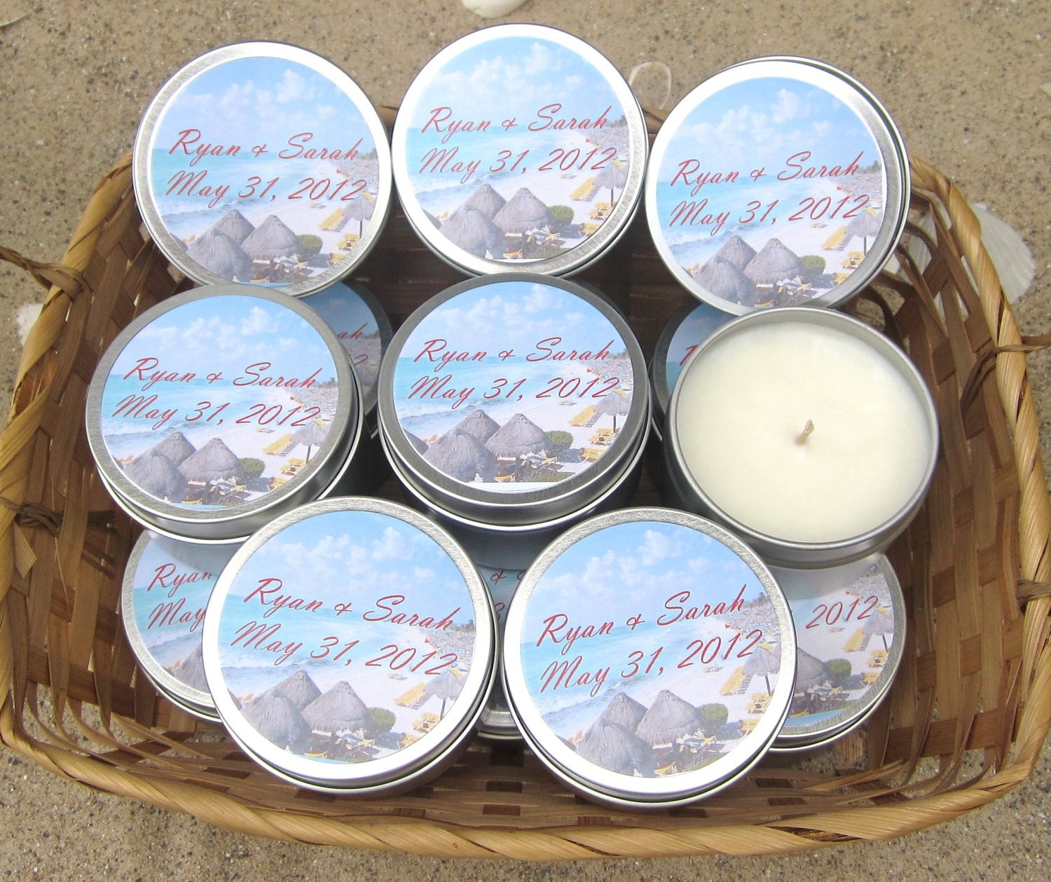 Personalized Destination Wedding Favor Scented Soy Candles 6 oz. Travel Tin
