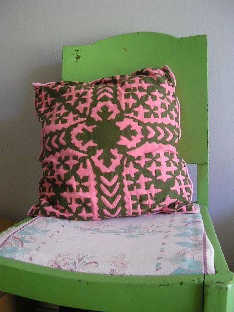 Vintage Hand-stitched Applique Pillow - Pink & Green