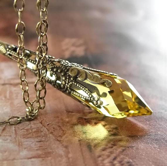 Citrine Yellow Necklace Antique Gold Brass Necklace Swarovski Yellow Crystal Pendant Necklace Golden Topaz