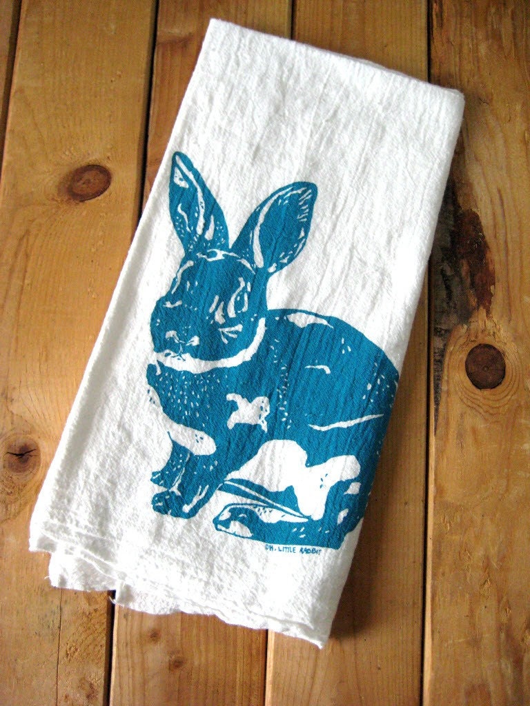 Screen Printed Organic Cotton Rabbit Flour Sack Tea Towel - Eco Friendly and Awesome Hand Towel