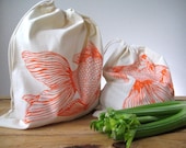 Screen Printed Natural Cotton Goldfish Produce Bags - Reusable and Washable