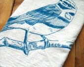 Screen Printed Blue Bird Flour Sack Tea Towel - Organic Cotton Hand Towel - Eco Friendly