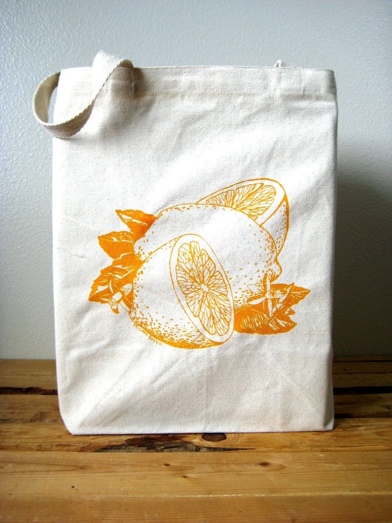 Eco Friendly Recycled Cotton Tote Bag - Oversized Reusable Grocery Shopper Tote - Screen Printed Citrus Canvas Tote