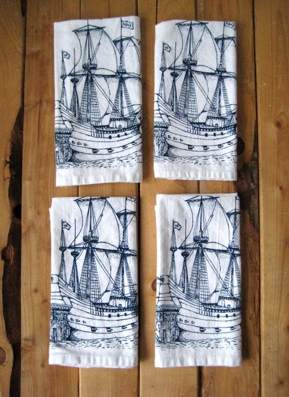 Screen Printed Organic Cotton Nautical Cloth Napkins - Eco Friendly Dinner Napkins