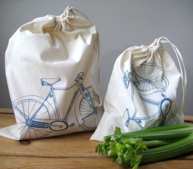 Set of 2 - Screen Printed Natural Cotton Bicycle Produce Bags - Eco Friendly - Reusable and Washable