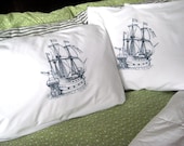 Screen Printed Nautical Pillow Cases (set of 2 standard) - Pirate Ship Pillow Covers - Eco Friendly Bedding - Nautical