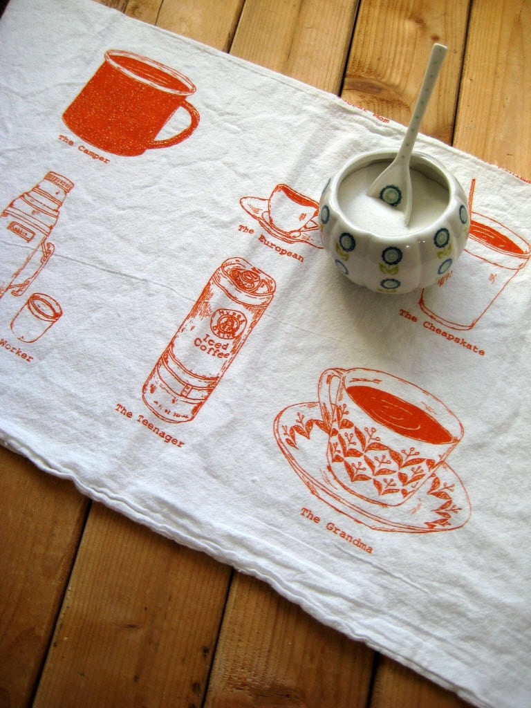 Tea Towel - Screen Printed Organic Cotton Coffee Cups Flour Sack Towel - Awesome Kitchen Towel for Dishes