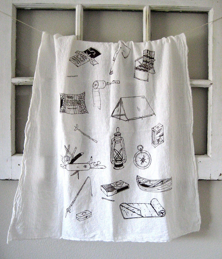 Tea Towel - Screen Printed Organic Cotton Camping Equipment Flour Sack Towel - Awesome Kitchen Towel for Dishes