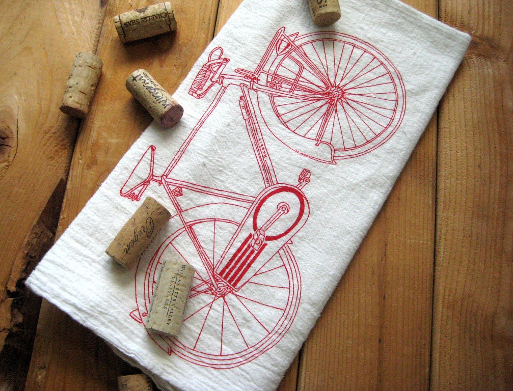 Tea Towel - Screen Printed Organic Cotton Bicycle Flour Sack Towel - Eco Friendly Dish Towel