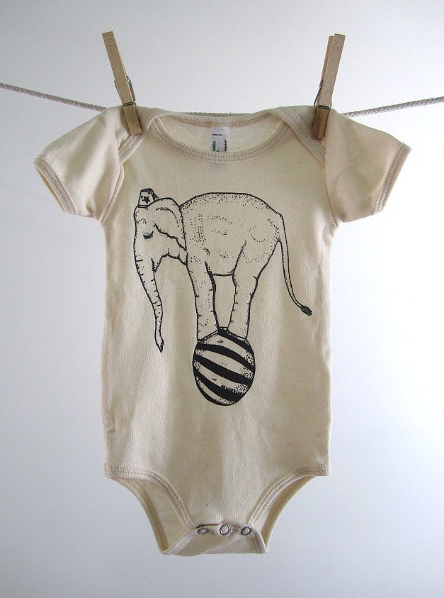 Organic Onesie - Hand Screen Printed American Apparel Baby Onesie - Circus Elephant on a Ball (You pick size)